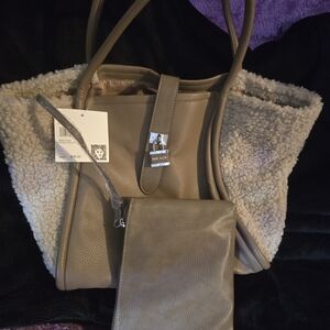 Anne Klein Beige Sherpa Tote With Wristlet